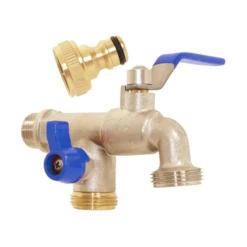 Robinet Extérieur Double Sortie 20x27 Entrée 15x21 Vanne Arrêt Laiton